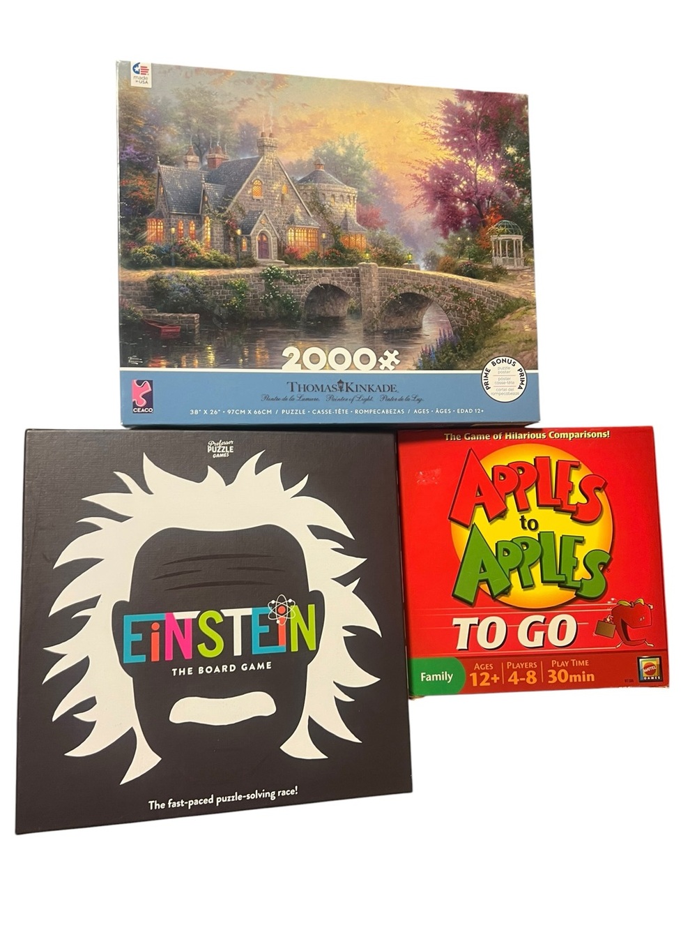 Einstein Board Game, Kinkade 2000pc Puzzle, Apples to Apples- Lot of 3 Age12+